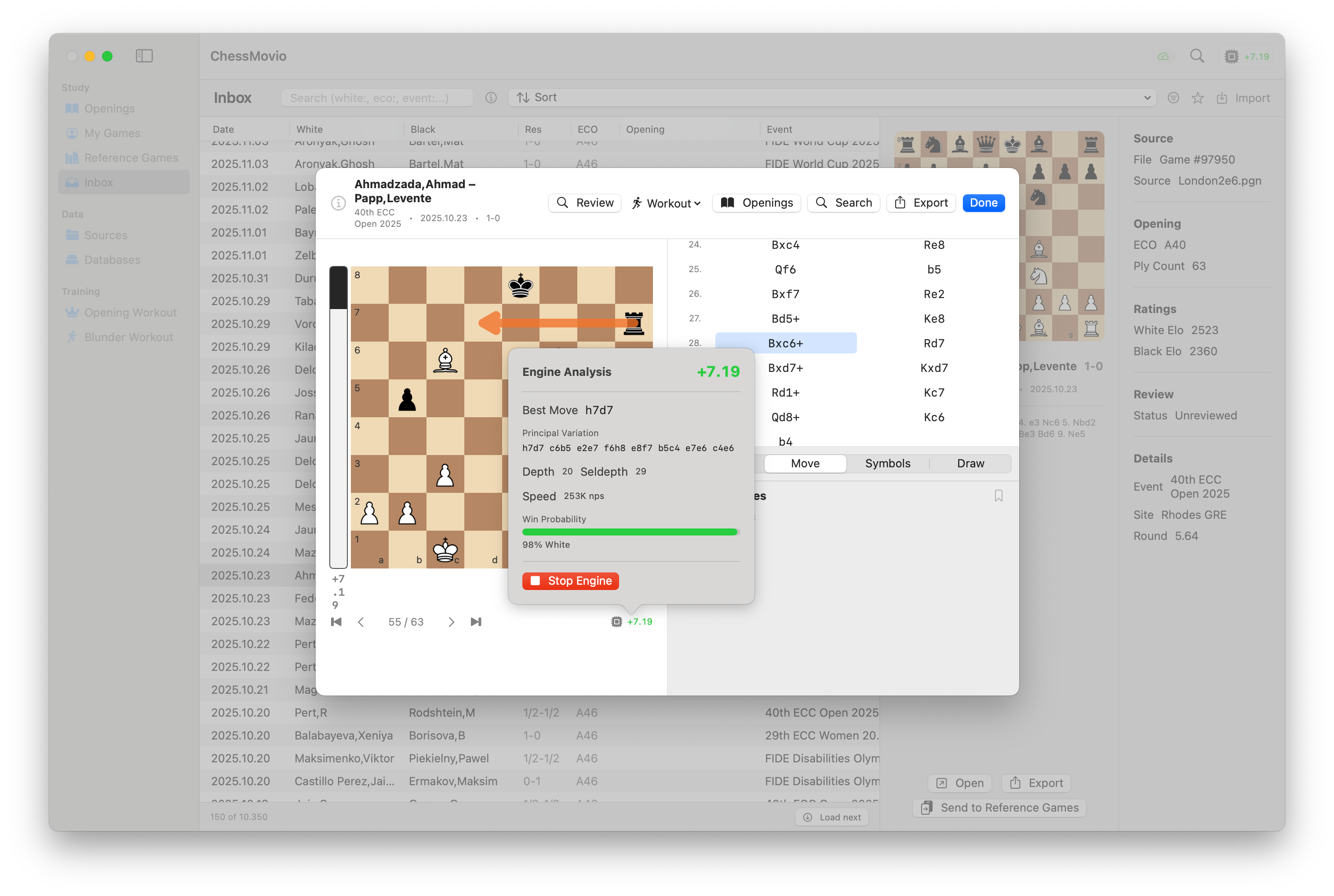 Engine analysis popover showing evaluation, best move, PV line, and performance stats
