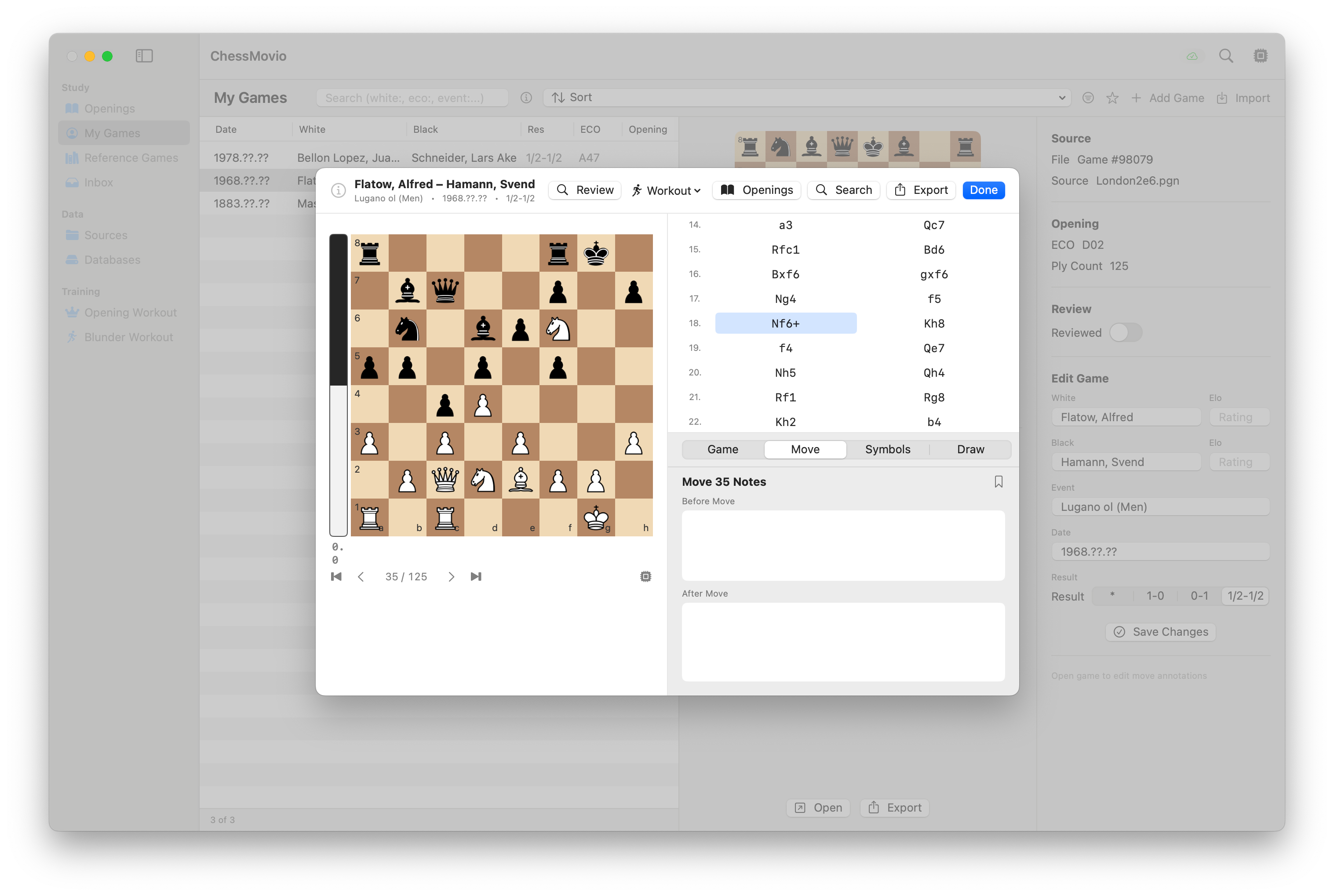 The game workspace with board, move list, and annotations