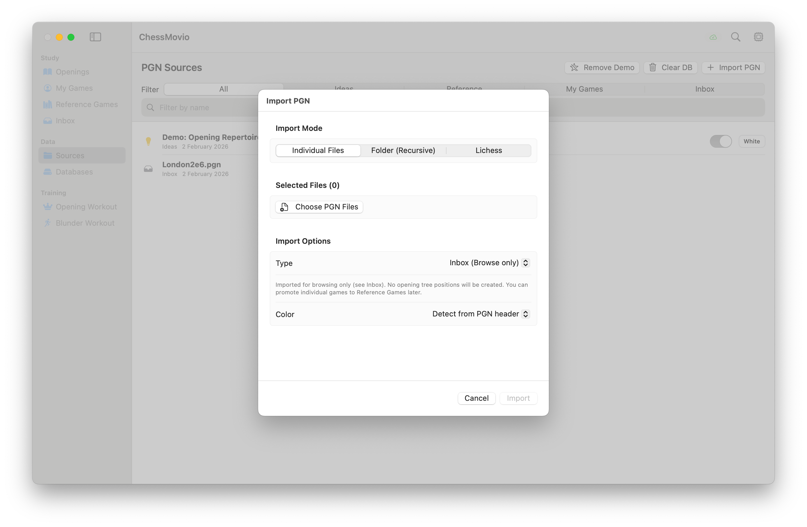 Importing a PGN file into ChessMovio