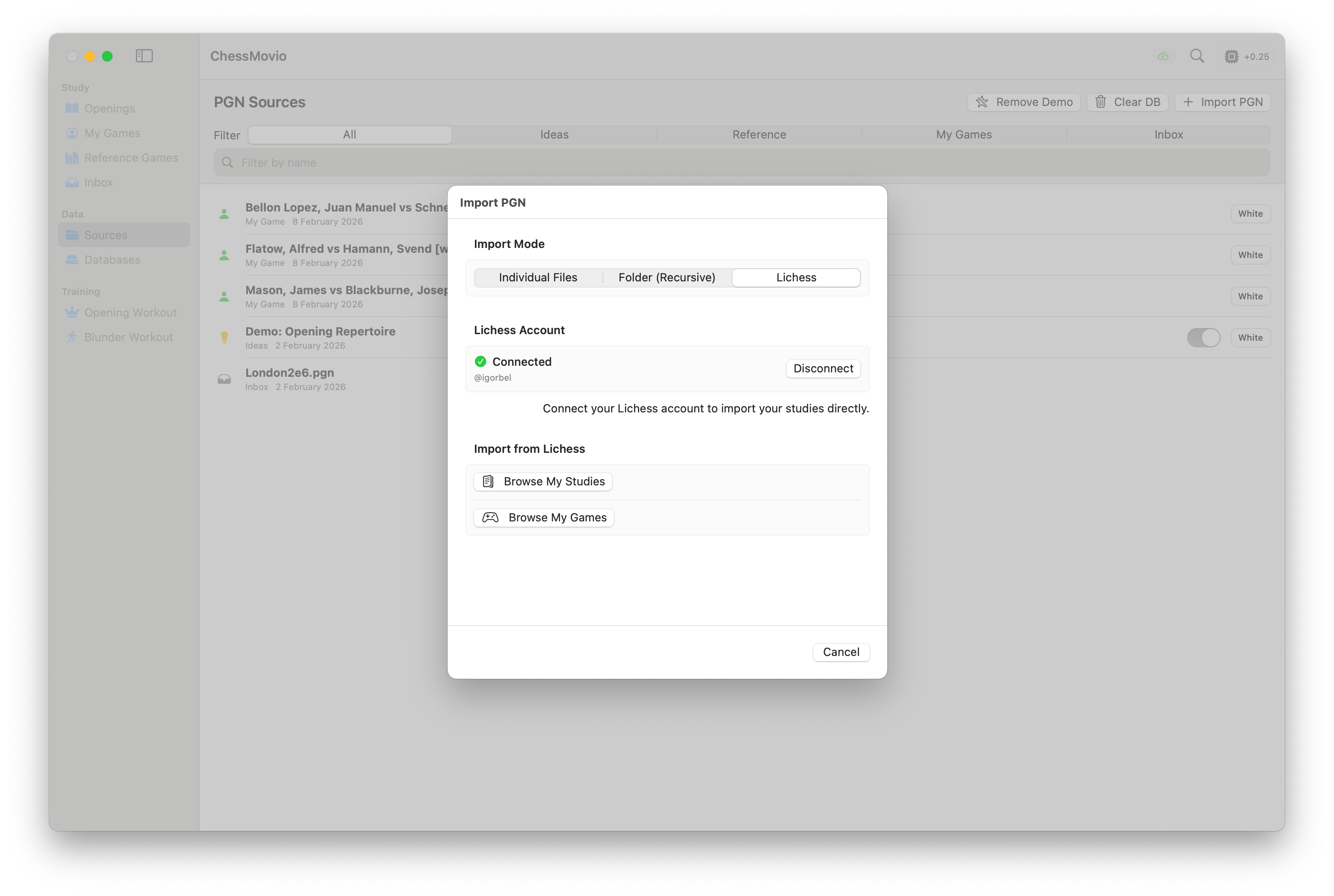 Study browser showing a list of Lichess studies with import options