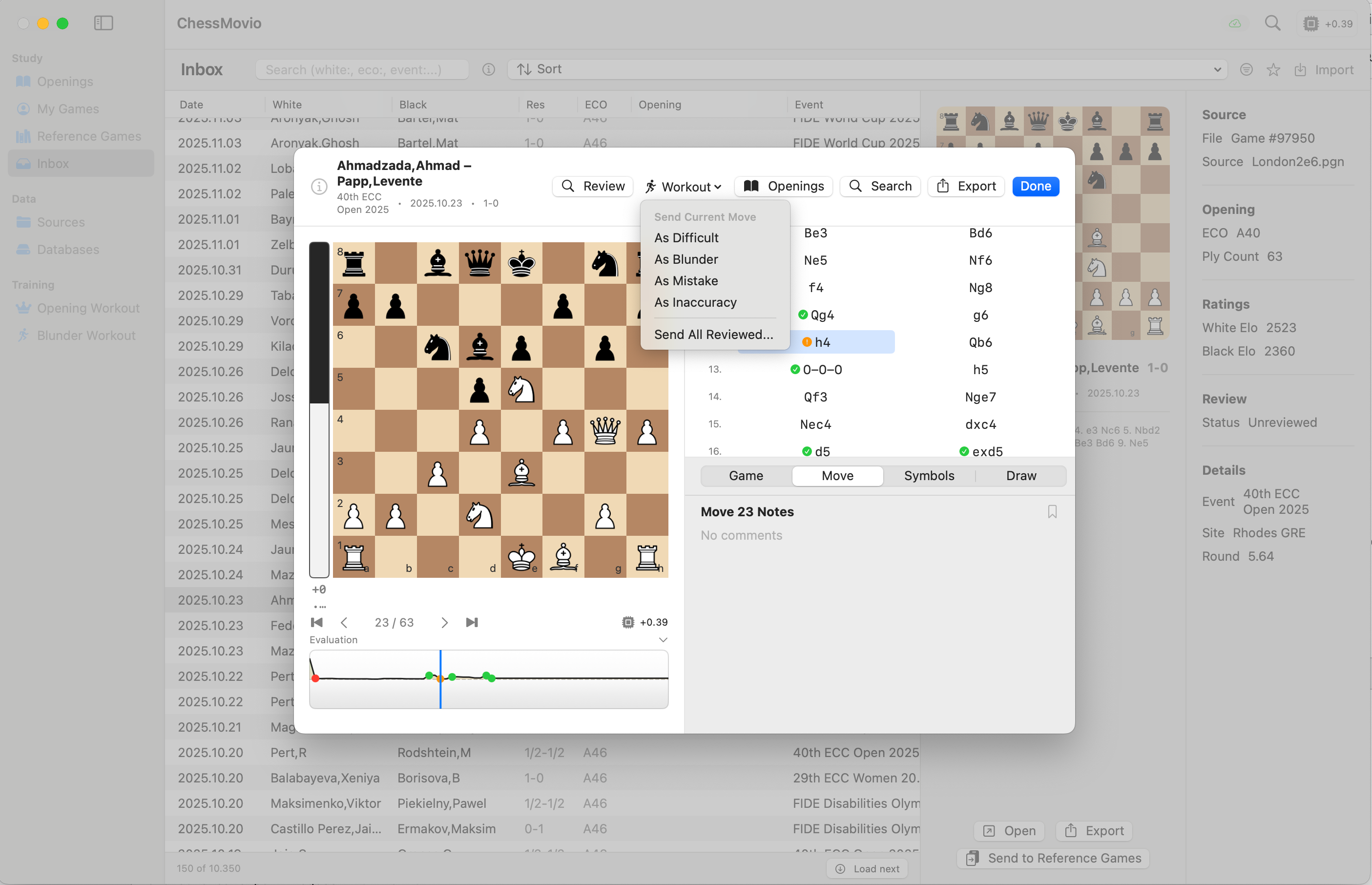 Send to Workout sheet showing classification filters